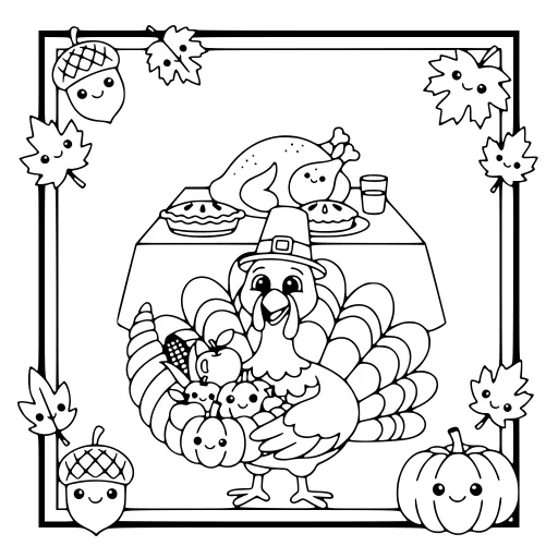 Jolly Thanksgiving coloring page. A jolly thanksgiving holiday picture with a friendly mix of large and small areas.