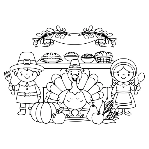 Sunny Thanksgiving coloring page. A sunny thanksgiving holiday picture with lots of fine detail to fill at your own pace.