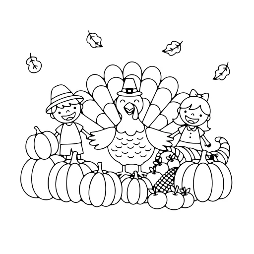Festive Thanksgiving Scene coloring page. A festive thanksgiving scene with lots of fine detail to fill at your own pace.