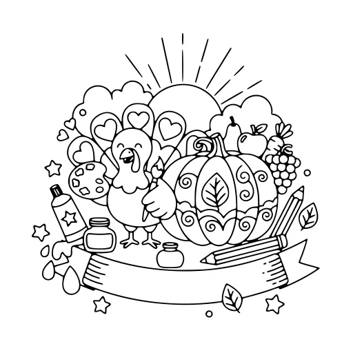 Sweet Thanksgiving Scene coloring page. A sweet thanksgiving scene with a friendly mix of large and small areas.