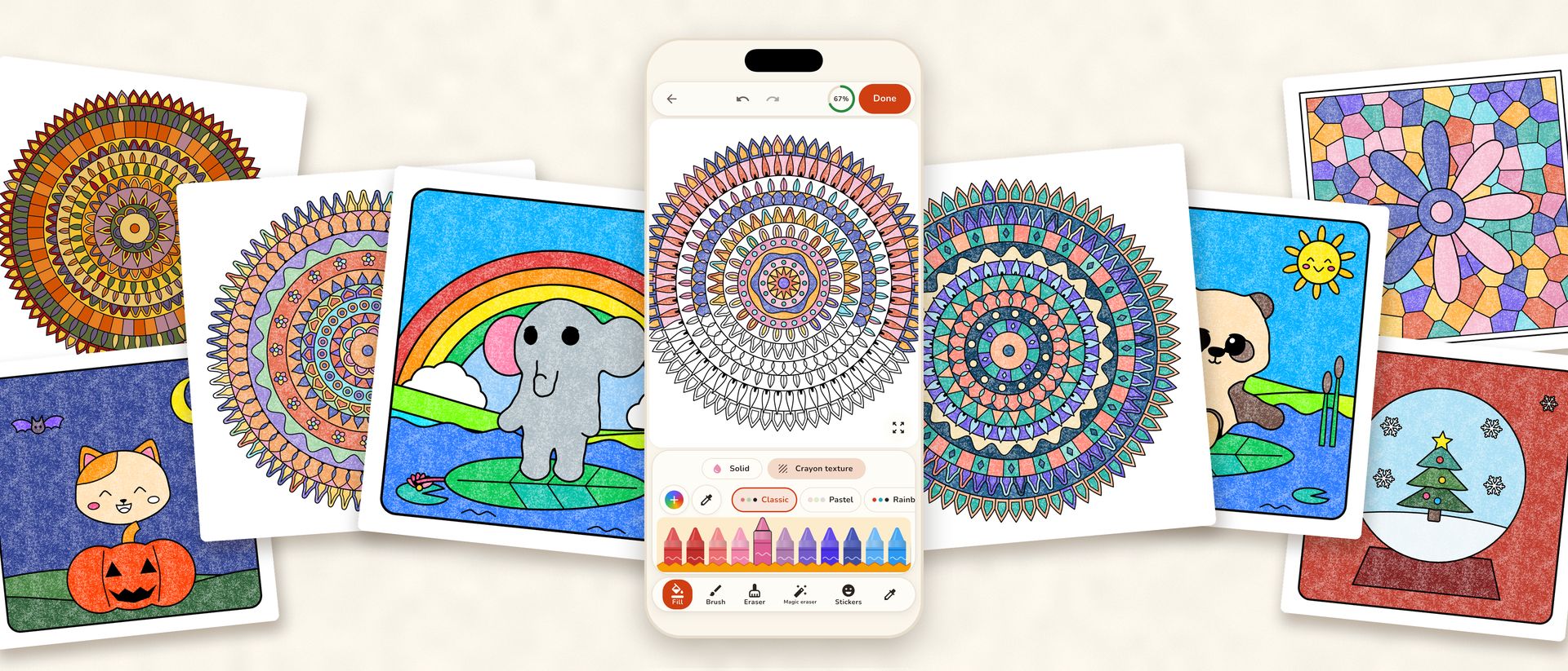 Crayon coloring pages on iPhone: a mandala half colored with crayon texture, surrounded by colored pages of mandalas, animals and a snow globe