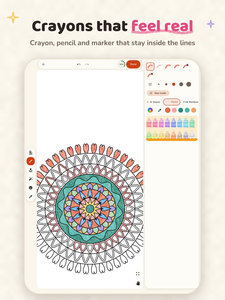 Crayon on iPad: a mandala colored with crayon texture, the brush panel and Stay inside at the side