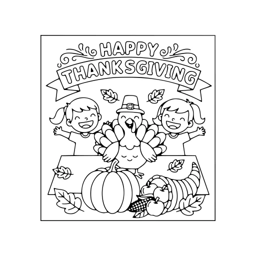 Cheerful Thanksgiving Party coloring page. A cheerful thanksgiving party with a friendly mix of large and small areas.