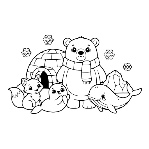Bright Arctic Animals coloring page. A bright arctic animals picture with a friendly mix of large and small areas.