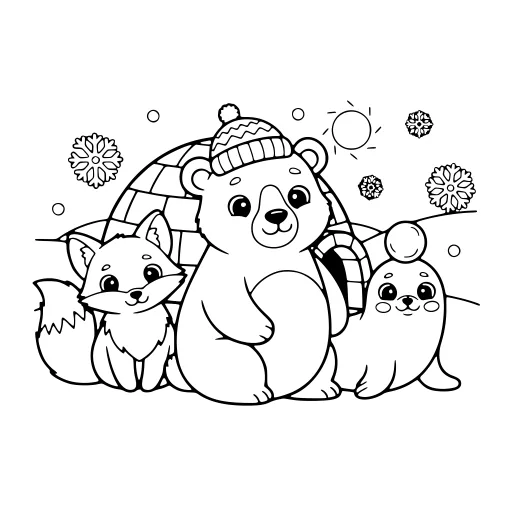 Smiley Arctic Animals coloring page. A smiley arctic animals picture with a friendly mix of large and small areas.