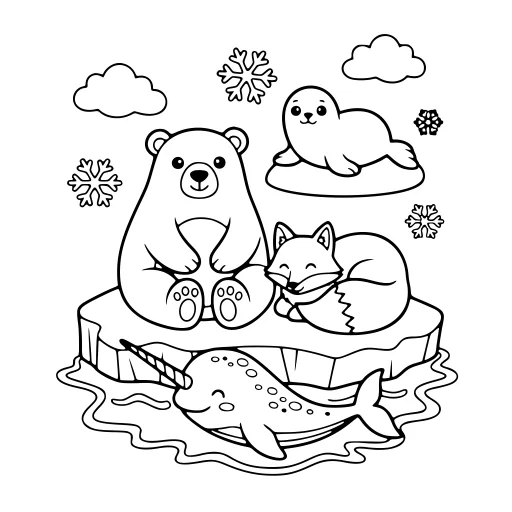 Cute Arctic Animal Scene coloring page. A cute arctic animal scene with a friendly mix of large and small areas.