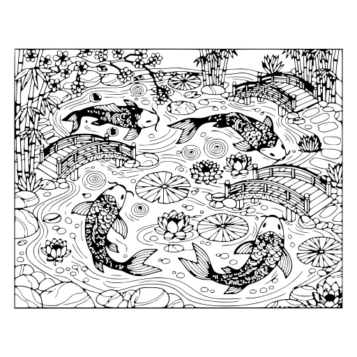 Mindful Koi Ponds coloring page. A mindful koi ponds calming scene with lots of fine detail to fill at your own pace.