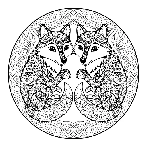 Serene Wolves coloring page. A serene wolves wildlife drawing with lots of fine detail to fill at your own pace.