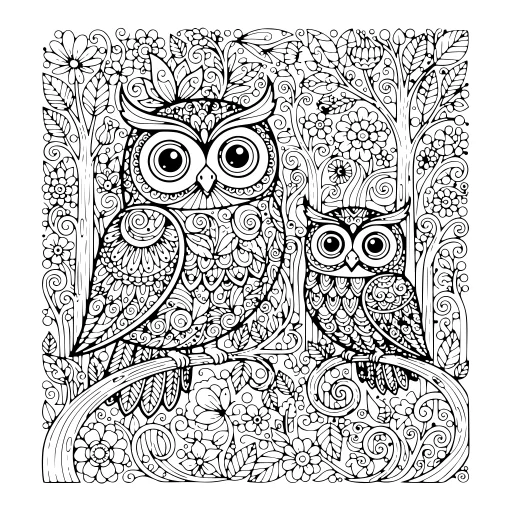 Graceful Owls coloring page. A graceful owls wildlife drawing with lots of fine detail to fill at your own pace.
