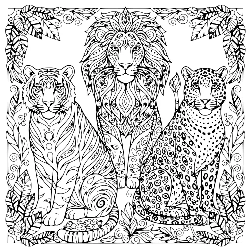 Watchful Big Cats coloring page. A watchful big cats wildlife drawing with lots of fine detail to fill at your own pace.