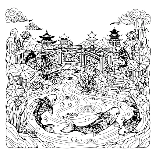 Restful Koi Pond Scene coloring page. A restful koi pond scene with lots of fine detail to fill at your own pace.
