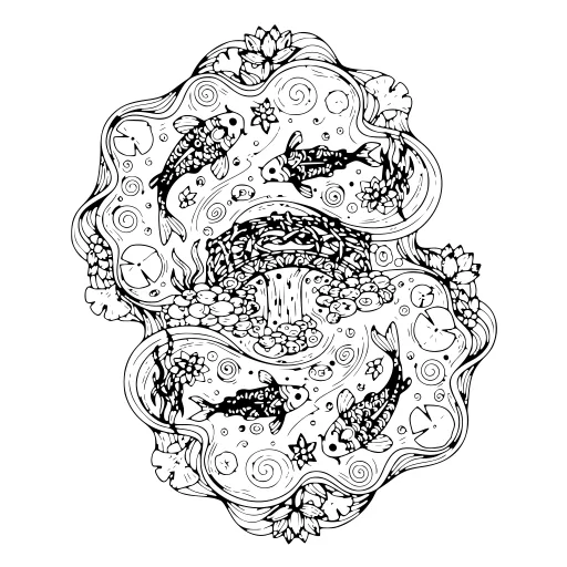 Still Koi Pond Scene coloring page. A still koi pond scene with lots of fine detail to fill at your own pace.