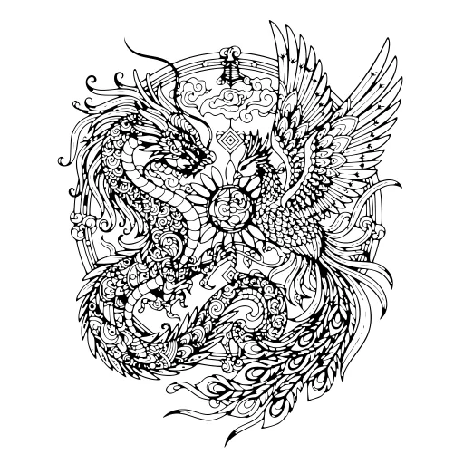 Timeless Dragon & Phoenix Tale coloring page. A timeless dragon & phoenix tale with lots of fine detail to fill at your own pace.