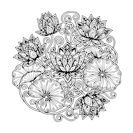 Blooming Lotus Flower Study coloring page. A blooming lotus flower study with a friendly mix of large and small areas.