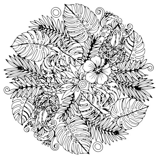 Intricate Tropical Plants coloring page. An intricate tropical plants botanical design with lots of fine detail to fill at your own pace.