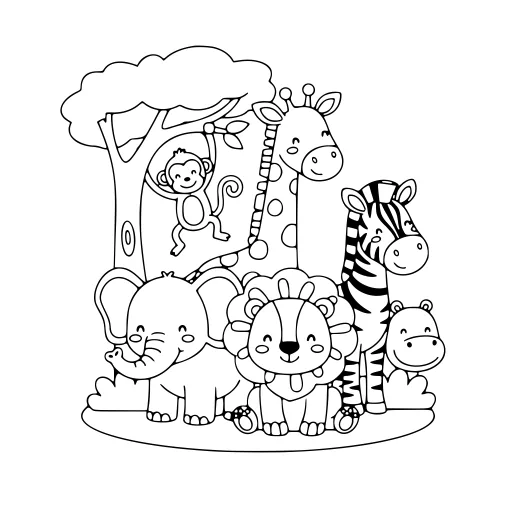 Sunny Wild Animals coloring page. A sunny wild animals picture with a friendly mix of large and small areas.