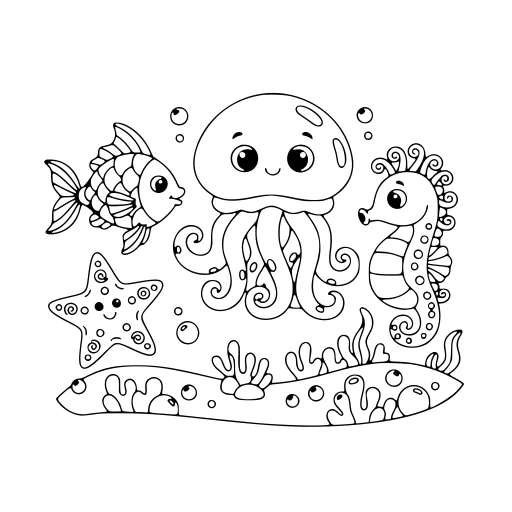 Jolly Sea Creature Scene coloring page. A jolly sea creature scene with a friendly mix of large and small areas.