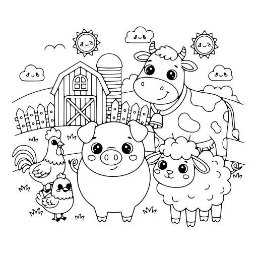 Cheerful Farm Animal Scene coloring page. A cheerful farm animal scene with very fine detail for patient, relaxed coloring.