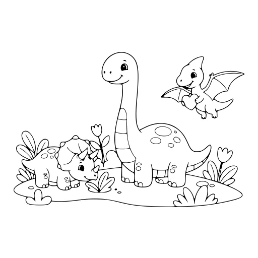 Cute Dinosaurs coloring page. A cute dinosaurs picture with a friendly mix of large and small areas.