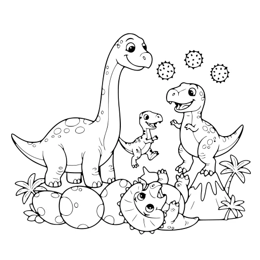 Adorable Dinosaur Scene coloring page. An adorable dinosaur scene with a friendly mix of large and small areas.