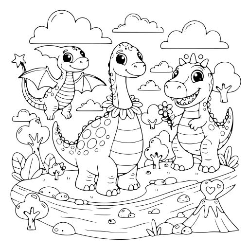 Sunny Dinosaur Scene coloring page. A sunny dinosaur scene with lots of fine detail to fill at your own pace.
