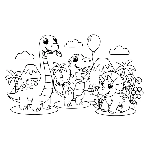 Happy Dinosaur Scene coloring page. A happy dinosaur scene with lots of fine detail to fill at your own pace.