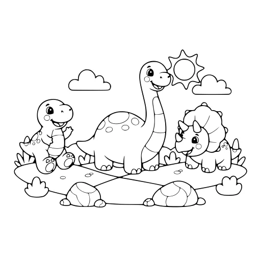 Lovely Dinosaur Day coloring page. A lovely dinosaur day with a friendly mix of large and small areas.
