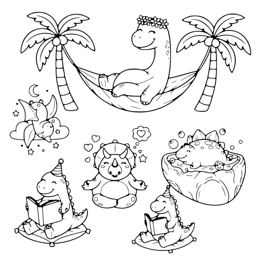Cute Dinosaur Day coloring page. A cute dinosaur day with lots of fine detail to fill at your own pace.
