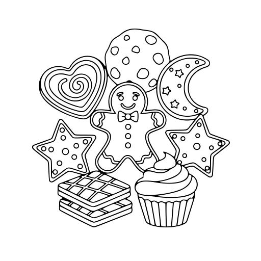 Playful Cookies coloring page. A playful cookies picture with a friendly mix of large and small areas.