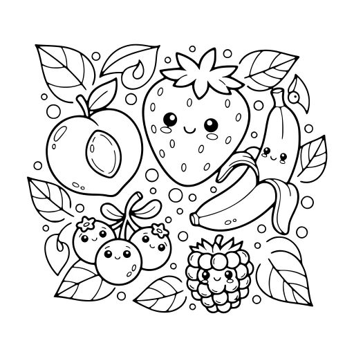 Cozy Fruit Time coloring page. A cozy fruit time with a friendly mix of large and small areas.