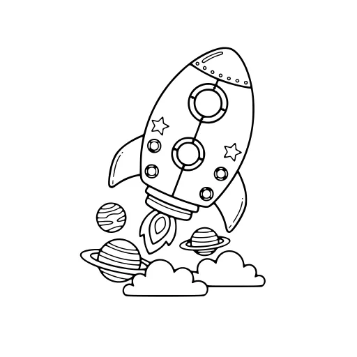 Cute Spacecraft Adventure coloring page. A cute spacecraft adventure with big, simple shapes that are easy to fill.