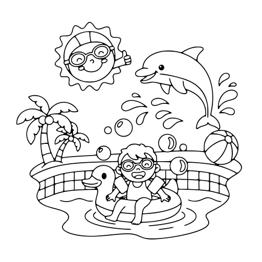Bright Swimming coloring page. A bright swimming picture with a friendly mix of large and small areas.