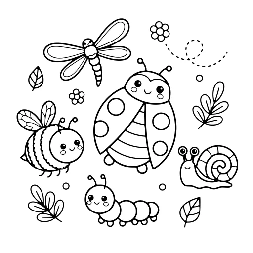Sunny Insects coloring page. A sunny insects picture with a friendly mix of large and small areas.