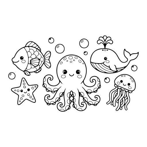 Happy Sea Creatures coloring page. A happy sea creatures picture with a friendly mix of large and small areas.