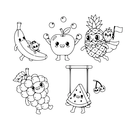Happy Fruits coloring page. A happy fruits picture with a friendly mix of large and small areas.