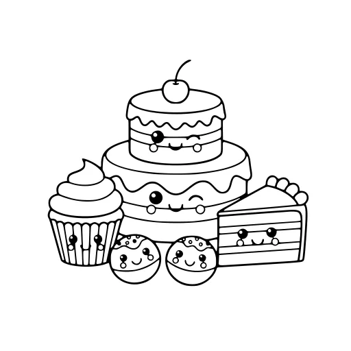 Friendly Cakes coloring page. A friendly cakes picture with big, simple shapes that are easy to fill.