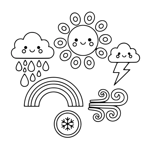 Friendly Weather Scene coloring page. A friendly weather scene with big, simple shapes that are easy to fill.