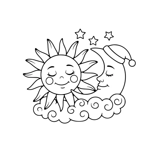 Happy Sun & Moon View coloring page. A happy sun & moon view with big, simple shapes that are easy to fill.