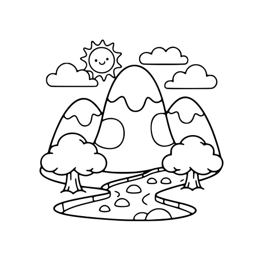 Gentle Mountains coloring page. A gentle mountains scene with big, simple shapes that are easy to fill.
