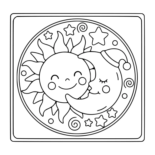 Sweet Sun & Moon coloring page. A sweet sun & moon scene with big, simple shapes that are easy to fill.