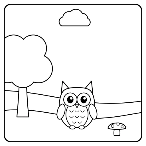 Owl in the Forest: a cute, easy coloring page with big shapes and bold lines.