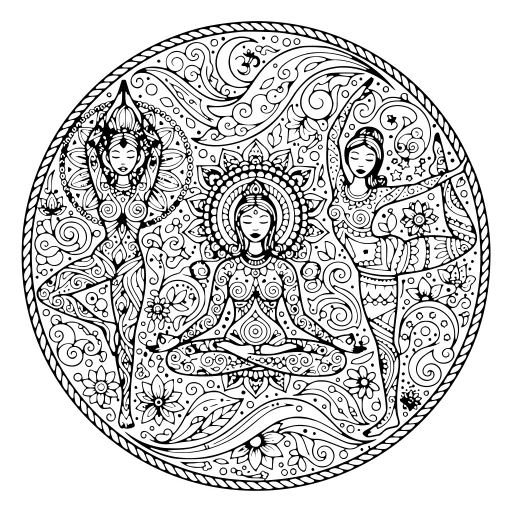 Classic Yoga Pose Scene coloring page. A classic yoga pose scene with lots of fine detail to fill at your own pace.