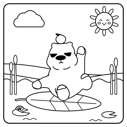 Avo Glides Downstream coloring page. Avo the capybara glides down the river on a leaf.