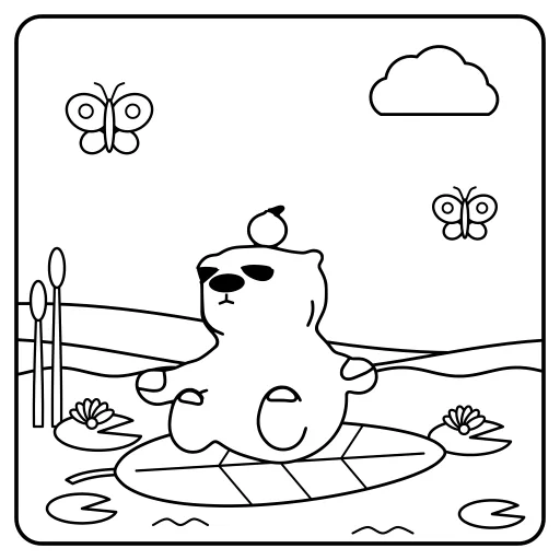 Avo Relaxes on a Leaf coloring page. Avo the capybara floats on a leaf with an orange on its head.