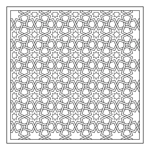 Twisted Eight-Point Star Weave coloring page. Interlaced eight-point stars woven over and under in a framed lattice.