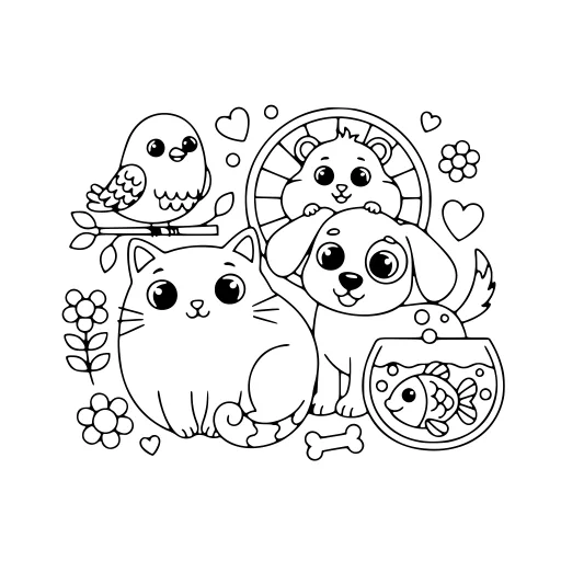 Adorable Pet Scene coloring page: a cat with other pets, in black line art.