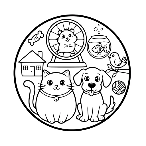 Bright Pets coloring page: a cat with other pets, in black line art.