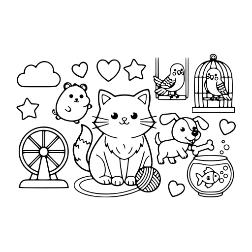 Fun Pet Scene coloring page: a cat with other pets, in black line art.