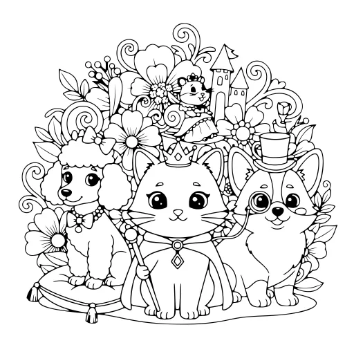 Happy Pet Scene coloring page: a cat with other pets, in black line art.