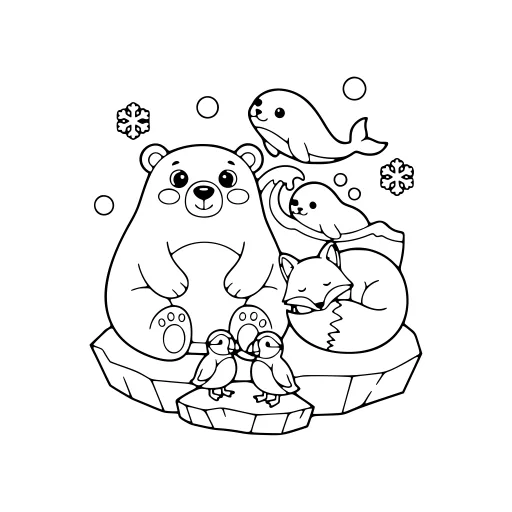 Sunny Arctic Animals coloring page. A sunny arctic animals picture with a friendly mix of large and small areas.